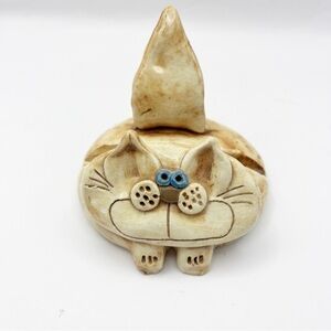 Grillo Handmade Studio Pottery Cat Business Card Holder Figurine Artist Sign Tan